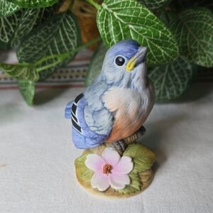 Blue Bird By Andrea 6350 Figurine  with Pink Flower, Vintage